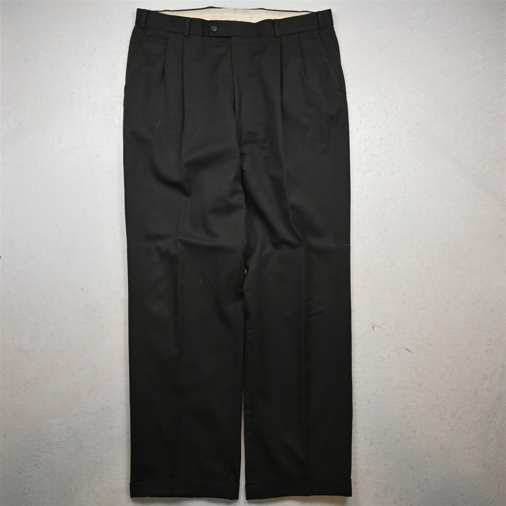 Vtg Bespoke 35x32 Olive Green Wool Pleated Cuffed High Waist Baggy Dress Pants